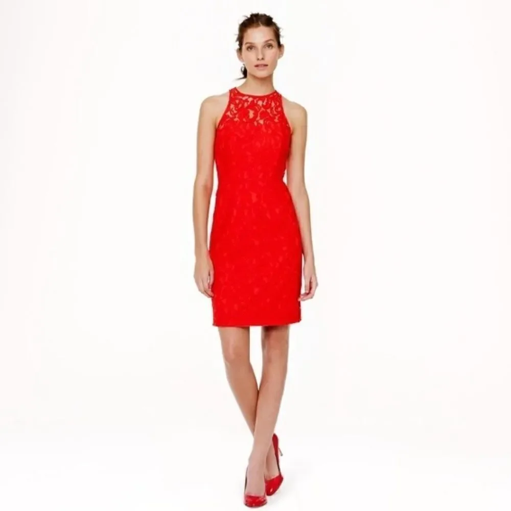 𝅺J Crew Collection Poppy Leaves Venetian Lace Sheath Pamela Dress Red Floral